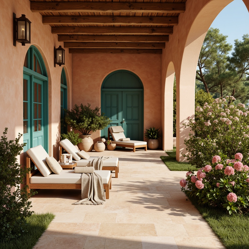 Prompt: Warm Mediterranean villa, soft terracotta walls, turquoise accents, lush greenery, blooming flowers, rustic stone floors, wooden beam ceilings, natural fabrics, woven textiles, earthy color tones, warm beige, soft blues, muted greens, creamy whites, golden lighting, shallow depth of field, 1/2 composition, realistic textures, ambient occlusion.