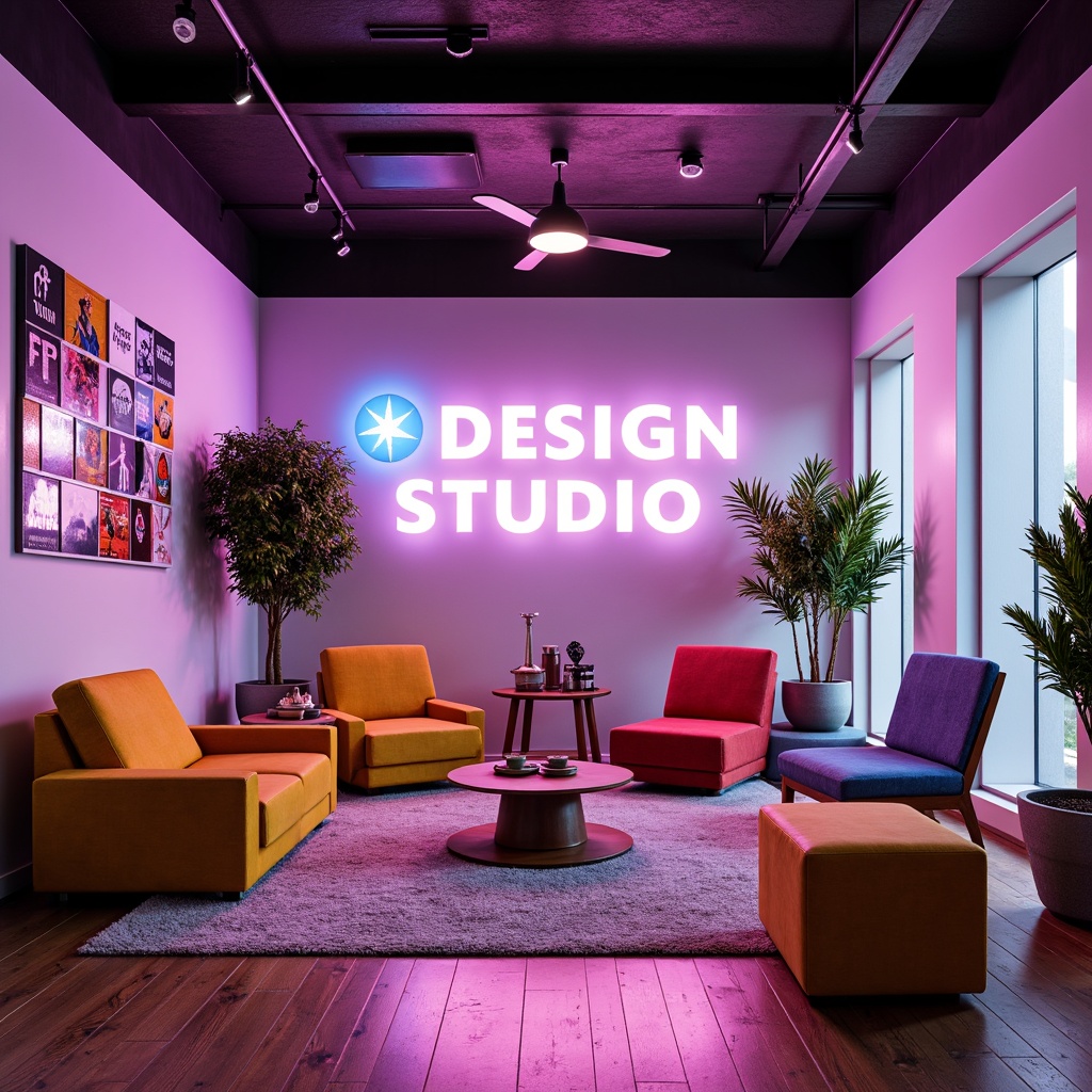 Prompt: Vibrant design studio, modern interior space, eclectic furniture pieces, bold typography, contrasting color scheme, pastel hues, neon accents, metallic finishes, glossy textures, dramatic lighting effects, shallow depth of field, 1/1 composition, realistic renderings, ambient occlusion.