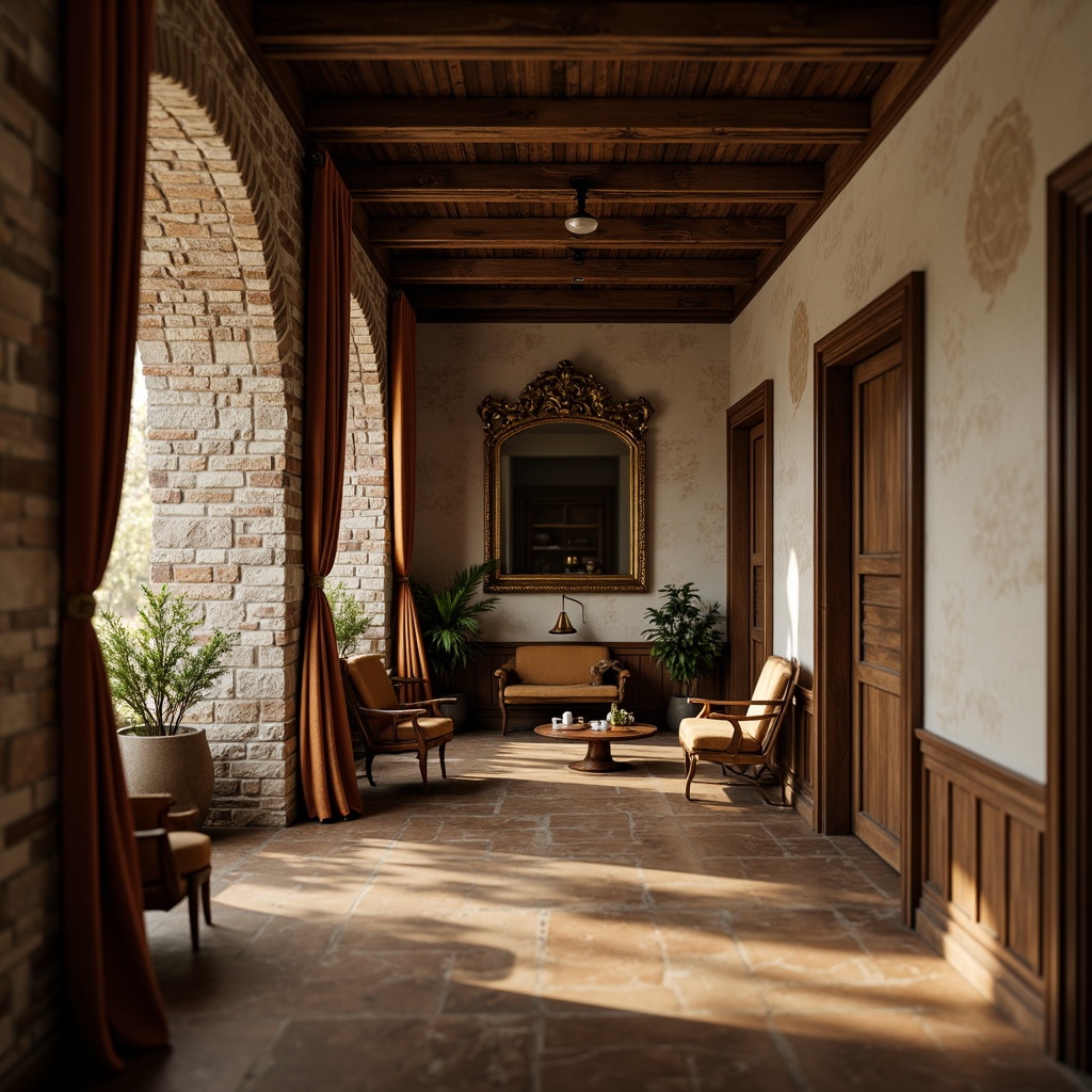 Prompt: Rustic stone walls, distressed wood paneling, vintage brick textures, earthy color palette, natural material emphasis, traditional ornate moldings, rich wooden accents, luxurious velvet drapes, intricate carvings, ornamental metalwork, warm golden lighting, soft focus blur, shallow depth of field, 2/3 composition, realistic render, ambient occlusion.