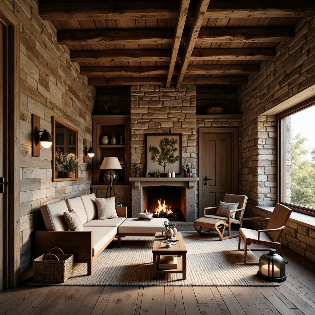 Prompt: Rustic cabin, wooden accents, reclaimed wood planks, stone walls, earthy tones, natural textures, woven baskets, vintage furniture, metal lanterns, distressed finishes, wooden beams, exposed brick, cozy atmosphere, warm lighting, soft shadows, shallow depth of field, 1/1 composition, realistic textures, ambient occlusion.