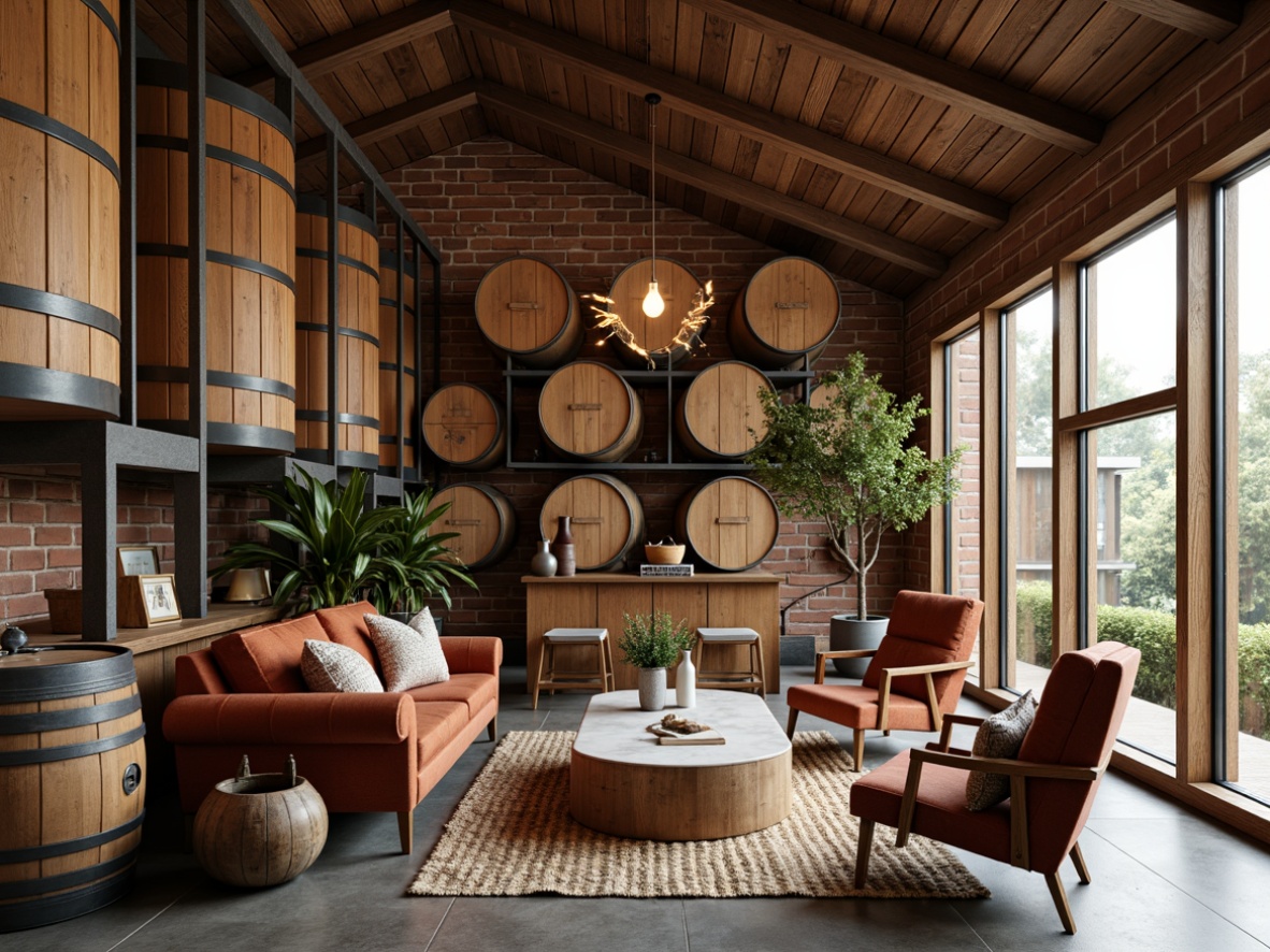 Prompt: Rustic winery setting, mid-century modern architecture, wooden barrel walls, stone floors, large windows, natural light, vintage wine-making equipment, wooden fermentation tanks, industrial metal accents, reclaimed wood furniture, tufted leather sofas, velvet armchairs, marble coffee tables, woven jute rugs, pendant lighting fixtures, earthy color palette, warm ambient lighting, 1/2 composition, soft focus, realistic textures.