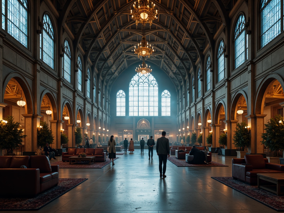 Prompt: Grandiose airport terminal, vaulted ceilings, ribbed arches, stained glass windows, intricate stone carvings, ornate metalwork, majestic chandeliers, lavish furnishings, rich wood paneling, atmospheric lighting, dramatic shadows, symmetrical composition, 1/2 format ratio, cinematic perspective, opulent textiles, mystical ambiance, ancient Gothic inspirations, mysterious fog effect, subtle color grading.