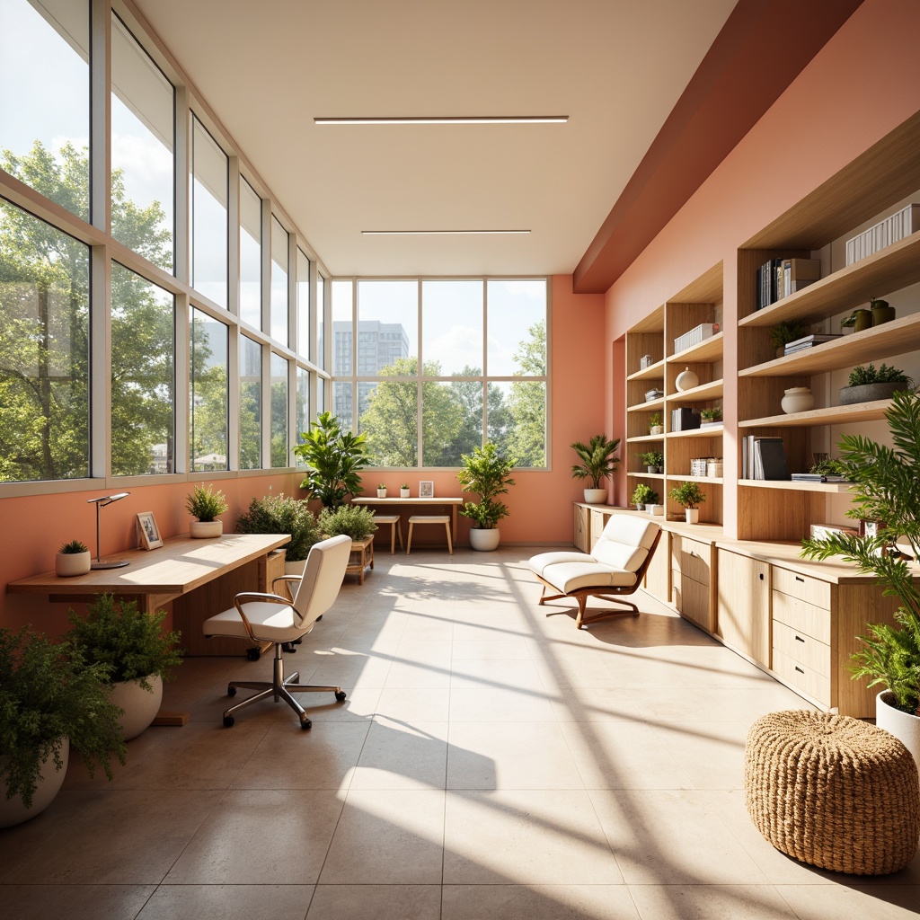 Prompt: Vibrant modern office space, sleek wooden desks, ergonomic chairs, minimalist decor, pastel color scheme, soft peach walls, creamy white furniture, rich brown accents, natural textiles, plenty of greenery, floor-to-ceiling windows, abundant sunlight, subtle gradient effects, gentle warm lighting, shallow depth of field, 1/1 composition, realistic materials, ambient occlusion.