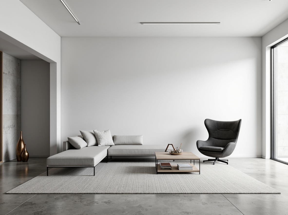 Prompt: Monochromatic color scheme, sleek lines, minimal ornamentation, sparse furniture arrangement, polished concrete floors, industrial-chic metal accents, geometric-shaped decorative objects, subtle texture variations, soft diffused lighting, Scandinavian-inspired simplicity, clutter-free spaces, calm atmosphere, 1/1 composition, shallow depth of field, realistic reflections.