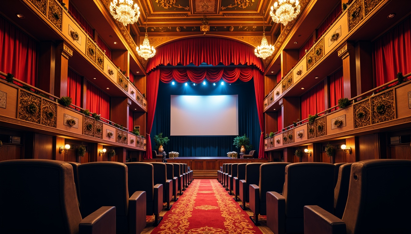 Prompt: Vibrant auditorium interior, rich velvet curtains, luxurious gold accents, deep blue seats, warm wooden flooring, ornate chandeliers, dramatic spotlights, cinematic screen, plush red carpet, opulent drapery, lavish balconies, grandiose architecture, soft warm lighting, shallow depth of field, 1/1 composition, realistic textures, ambient occlusion.