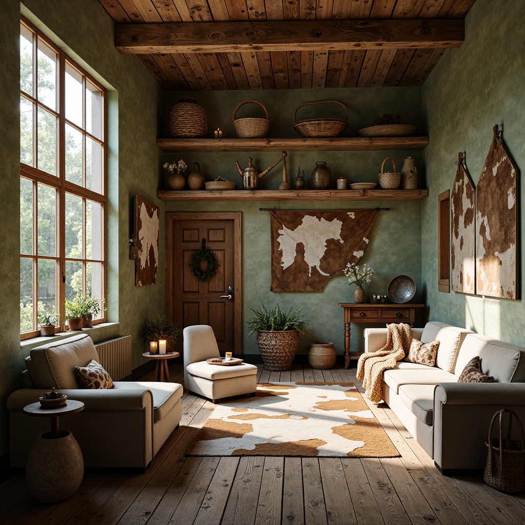 Prompt: Rustic farmhouse interior, earthy tones, natural wood accents, vintage farm tools, woven baskets, plush animal hides, distressed metal decorations, cozy reading nooks, warm candle lighting, soft velvety textures, mossy green walls, creamy whites, weathered wooden floors, exposed brick ceilings, classic country charm, relaxed atmosphere, shallow depth of field, 1/1 composition, natural light pouring in, realistic textures, ambient occlusion.