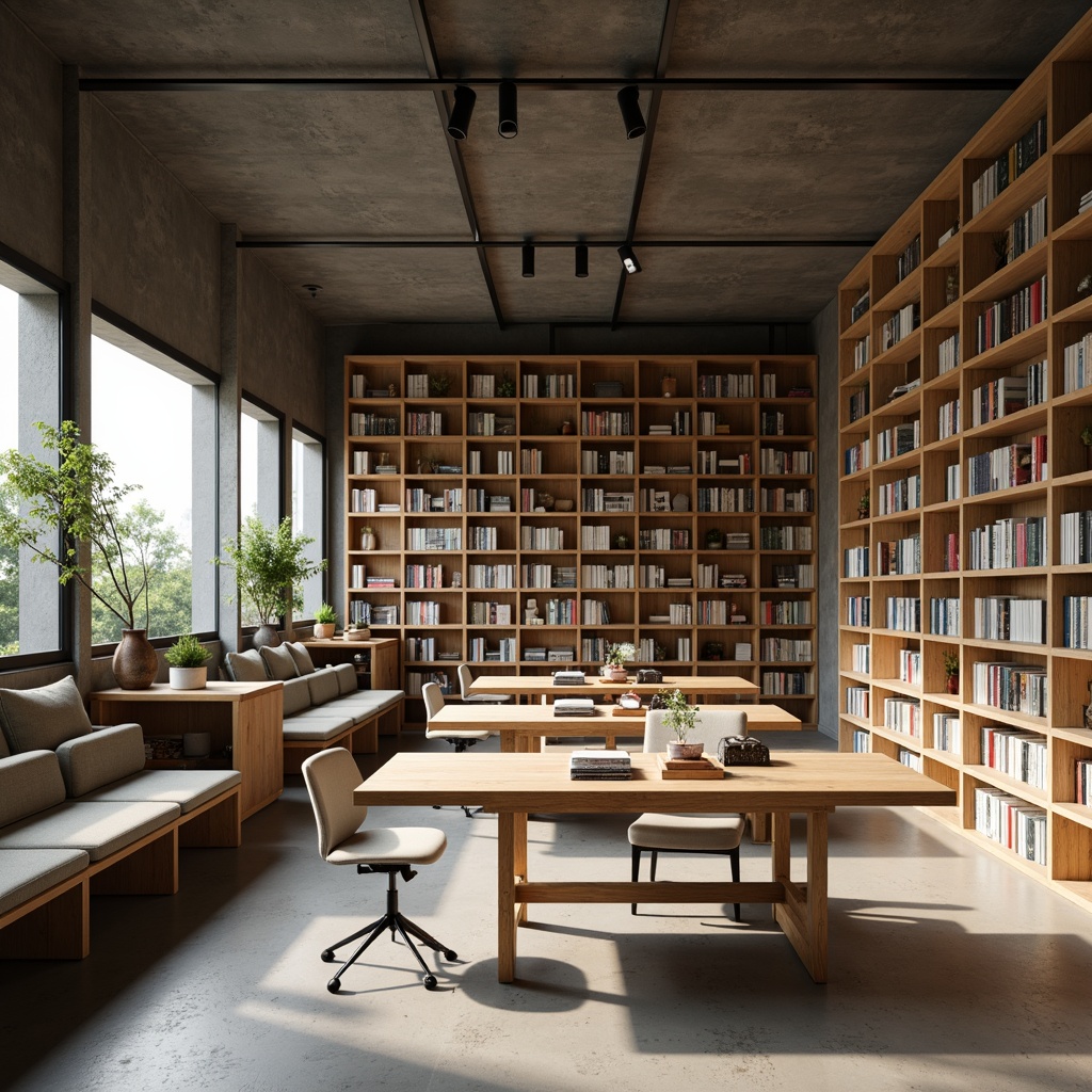 Prompt: Minimalist bookstore interior, natural wood shelves, neutral color palette, floor-to-ceiling bookcases, comfortable reading nooks, cozy atmosphere, warm soft lighting, minimalist decor, industrial metal beams, polished concrete floors, modern wooden tables, ergonomic chairs, green plants, calm ambiance, shallow depth of field, 1/1 composition, realistic textures, ambient occlusion.