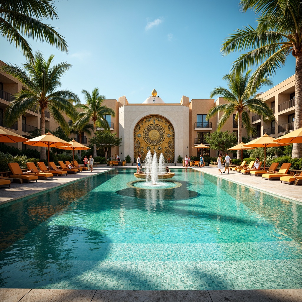 Prompt: Art Deco pool, turquoise water, ornate fountains, mosaic tiles, golden accents, luxurious lounge chairs, vibrant umbrellas, palm trees, sunny day, warm lighting, shallow depth of field, 3/4 composition, panoramic view, realistic textures, ambient occlusion, geometric patterns, metallic sheen, bold typography, retro-inspired decor.