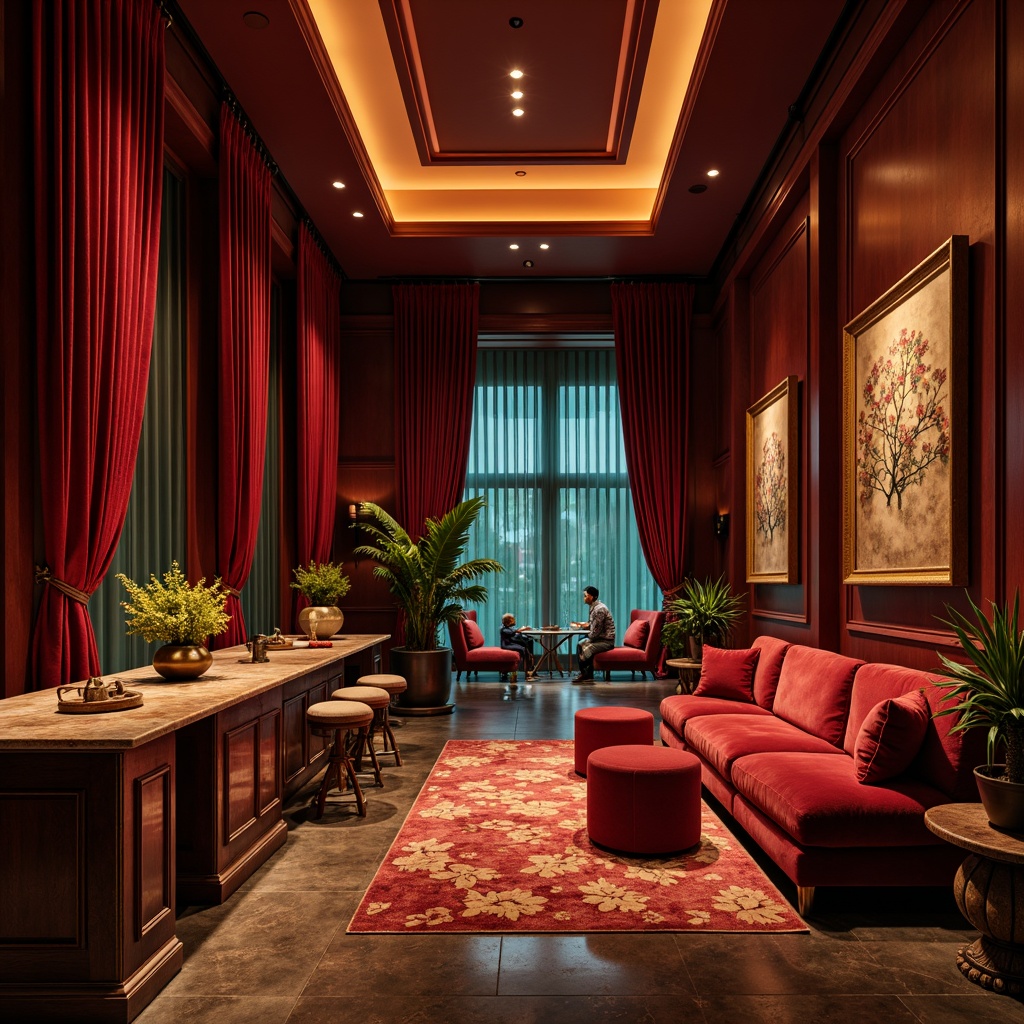 Prompt: Rich velvet drapes, bold red accents, warm golden lighting, luxurious marble countertops, ornate bronze fixtures, plush crimson sofas, dramatic floor-to-ceiling curtains, eclectic art pieces, vibrant turquoise hues, sophisticated wooden paneling, moody atmospheric shadows, soft focus lens blur, cinematic 2.35