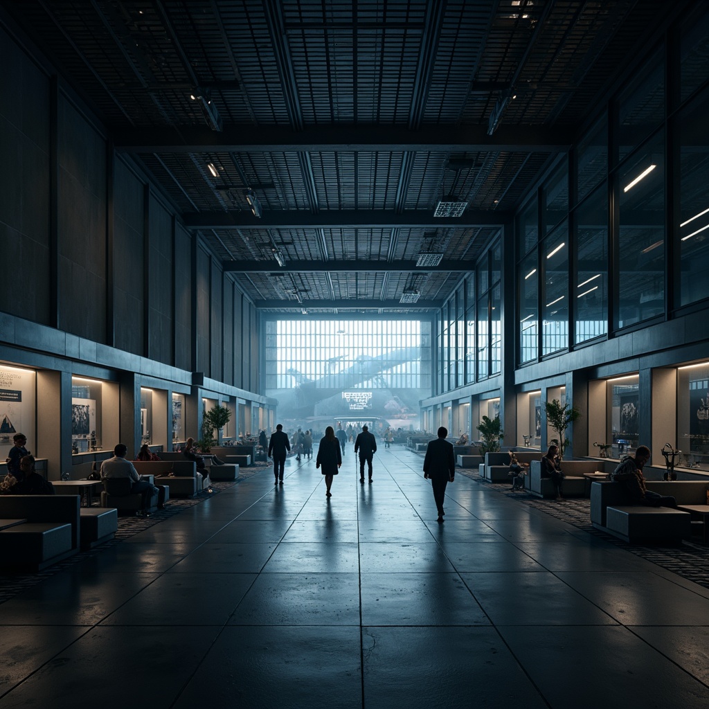 Prompt: Moody airport terminal, dark concrete floors, metallic accents, industrial-style lighting, geometric patterns, atmospheric fog, mysterious shadows, monochromatic color scheme, deep blues, rich grays, neutral whites, sleek modern furniture, minimalist decor, dramatic high ceilings, grand-scale architecture, cinematic ambient lighting, 1/2 composition, shallow depth of field, realistic textures, soft focus effect.