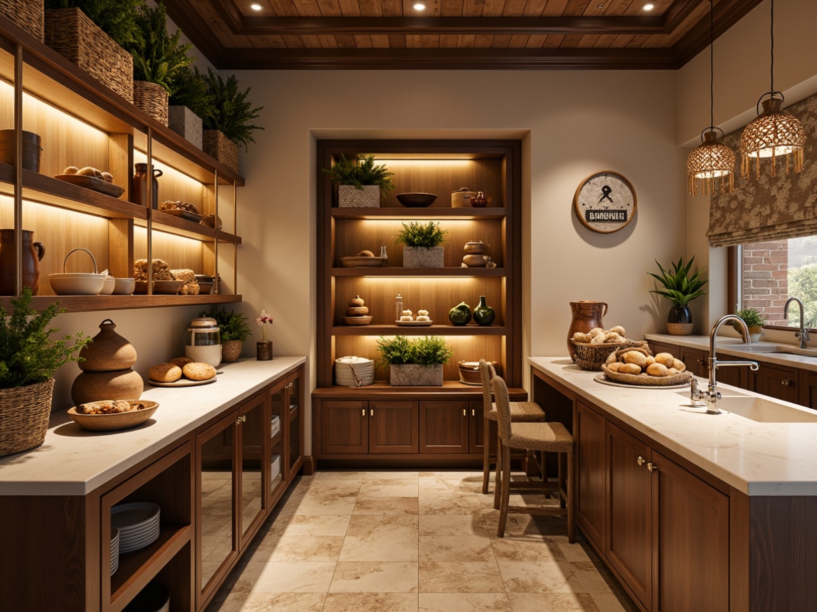 Prompt: Cozy pantry interior, warm beige walls, wooden cabinetry, marble countertops, chrome fixtures, ambient soft lighting, woven baskets, natural fiber textiles, earthy terracotta pottery, vintage copper accents, distressed wood shelves, rustic metal signs, aromas of baked goods, 3/4 composition, shallow depth of field, warm color palette, realistic textures.