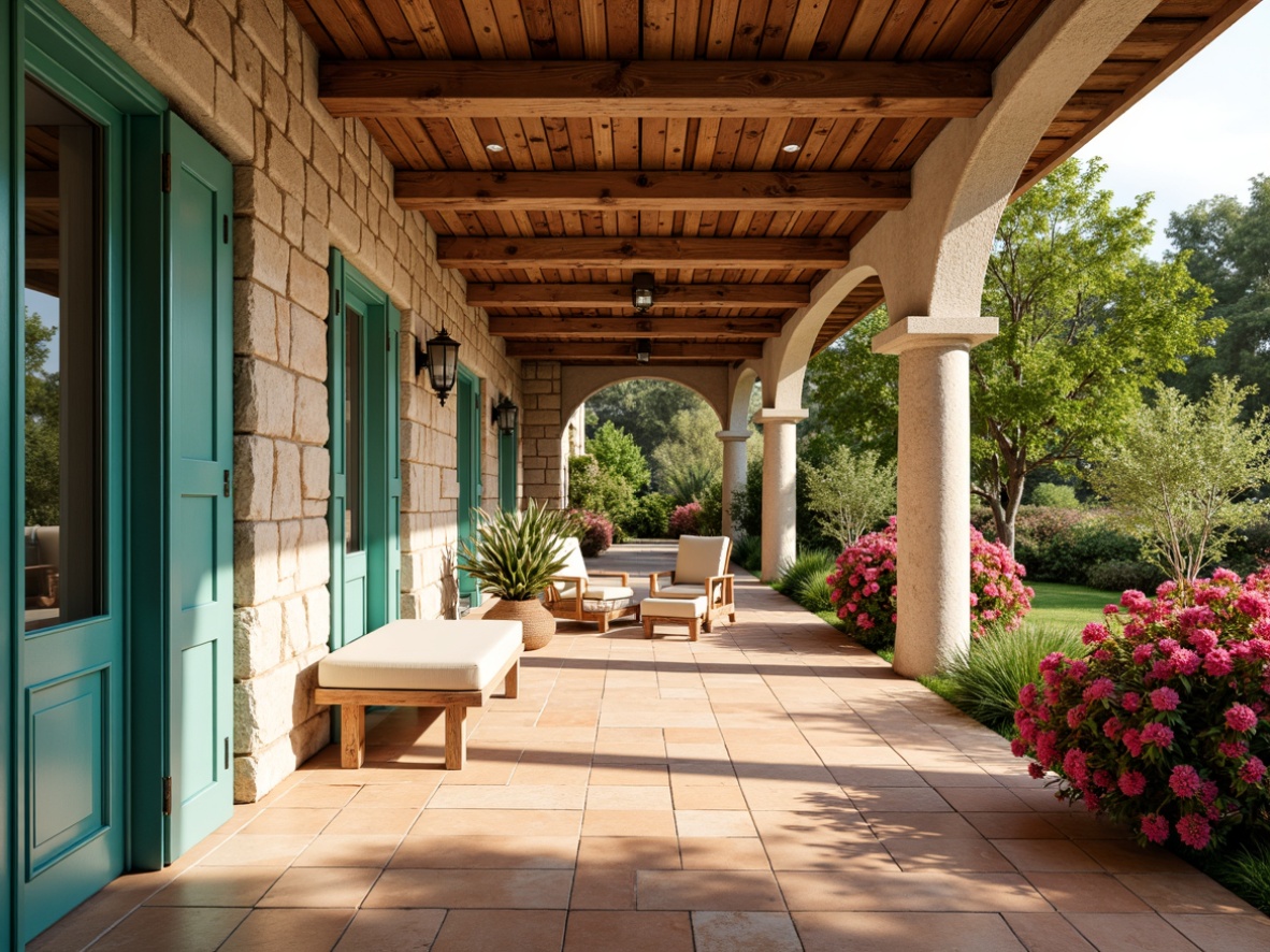 Prompt: Warm Mediterranean villa, rustic stone walls, terracotta flooring, turquoise accents, soft creamy whites, weathered wood beams, lush greenery, vibrant bougainvillea, ceramic tiles, sunny warm lighting, shallow depth of field, 3/4 composition, panoramic view, realistic textures, ambient occlusion.