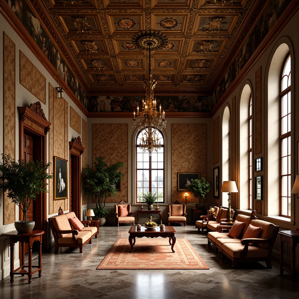 Prompt: Luxurious museum interior, Renaissance-inspired decor, ornate wooden furniture, intricately carved chairs, velvet-upholstered sofas, gilded frames, rich tapestries, marble floors, grand chandeliers, warm golden lighting, subtle shadows, 1/1 composition, shallow depth of field, realistic textures, ambient occlusion.