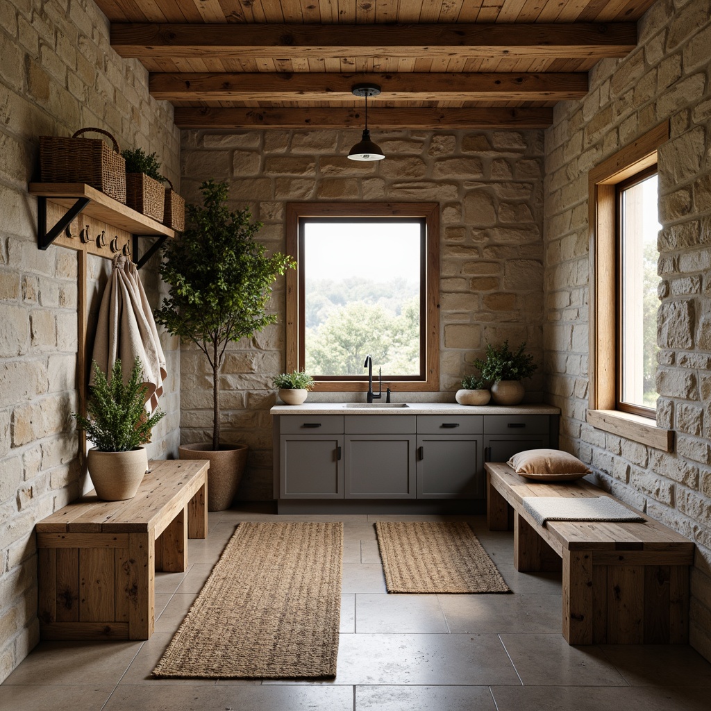 Prompt: Rustic mudroom, natural stone walls, wooden accents, earthy color palette, woven baskets, distressed wood benches, industrial metal hooks, rough-hewn wooden shelves, reclaimed wood flooring, ceramic tile backsplashes, matte finish cabinets, woven jute rugs, warm ambient lighting, shallow depth of field, 1/1 composition, realistic textures, ambient occlusion.