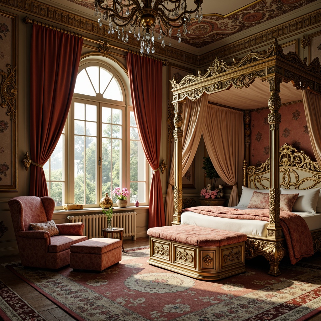 Prompt: Ornate golden frames, velvet upholstery, richly carved wooden furniture, intricately patterned rugs, lavish drapes, crystal chandeliers, soft warm lighting, French Renaissance-inspired motifs, whimsical fairy tale illustrations, pastel color palette, tufted ottomans, curved silhouettes, gilded accents, luxurious fabrics, playful hidden compartments, romantic canopy beds, ornate mirrors, distressed finishes, vintage accessories, mystical forest scenery, afternoon sunlight, shallow depth of field, 1/1 composition.