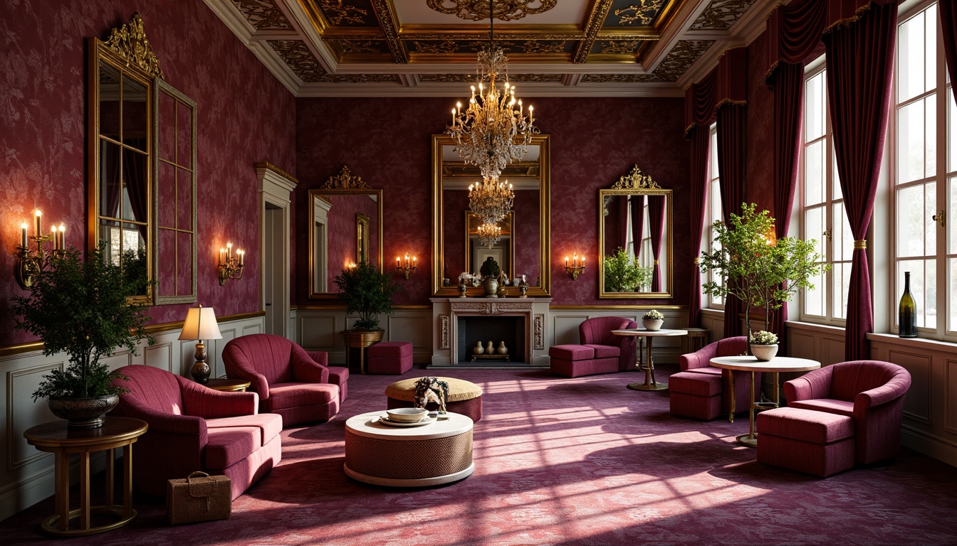 Prompt: Luxurious velvet fabrics, rich gold accents, ornate mirrors, intricate carvings, dramatic chandeliers, lavish furnishings, regal purple hues, deep crimson reds, opulent bronze tones, creamy whites, soft warm lighting, subtle shadows, Renaissance-inspired patterns, curved lines, ornate details, 3/4 composition, warm color harmony, high contrast ratio.