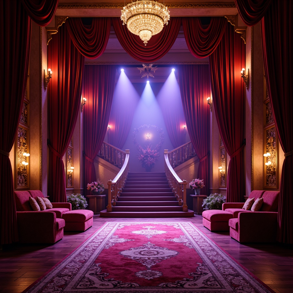 Prompt: Dramatic stage-like setting, grand entrance, red velvet curtains, ornate golden frames, sparkling chandeliers, lavish furniture, regal purple hues, opulent textures, intricate patterns, majestic archways, sweeping staircases, lavish decorations, spotlights, warm glowing ambiance, dramatic shadows, 3/4 composition, shallow depth of field, cinematic lighting, vibrant colorful fabrics, luxurious materials, bold architectural elements.