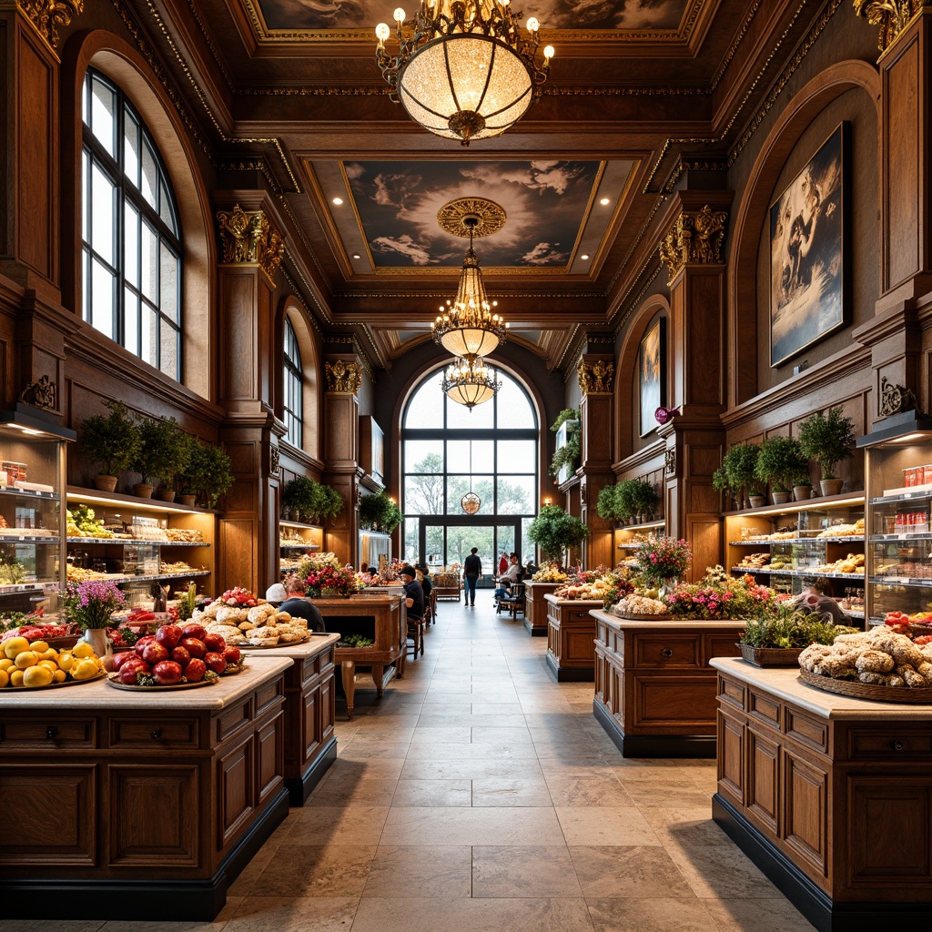 Prompt: Ornate grocery store interior, rich wood accents, gilded details, intricate carvings, velvet drapes, ornamental chandeliers, marble countertops, grandiose furniture pieces, luxurious upholstery, regal color palette, gold leaf patterns, symmetrical compositions, dramatic lighting effects, opulent textures, lavish decorations, frescoed ceilings, grand entranceways, imposing columns, majestic archways, Baroque-inspired cabinetry, intricate moldings, carved wooden panels, elegant display cases.