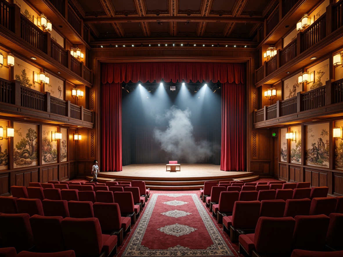 Prompt: Traditional performing arts center, ornate wooden stage, intricately carved balconies, plush red velvet curtains, golden lanterns, richly patterned rugs, cultural heritage-inspired murals, tiered seating, warm soft lighting, subtle smoke effects, dramatic spotlights, 2/3 composition, intimate atmosphere, realistic wood textures, ambient occlusion.