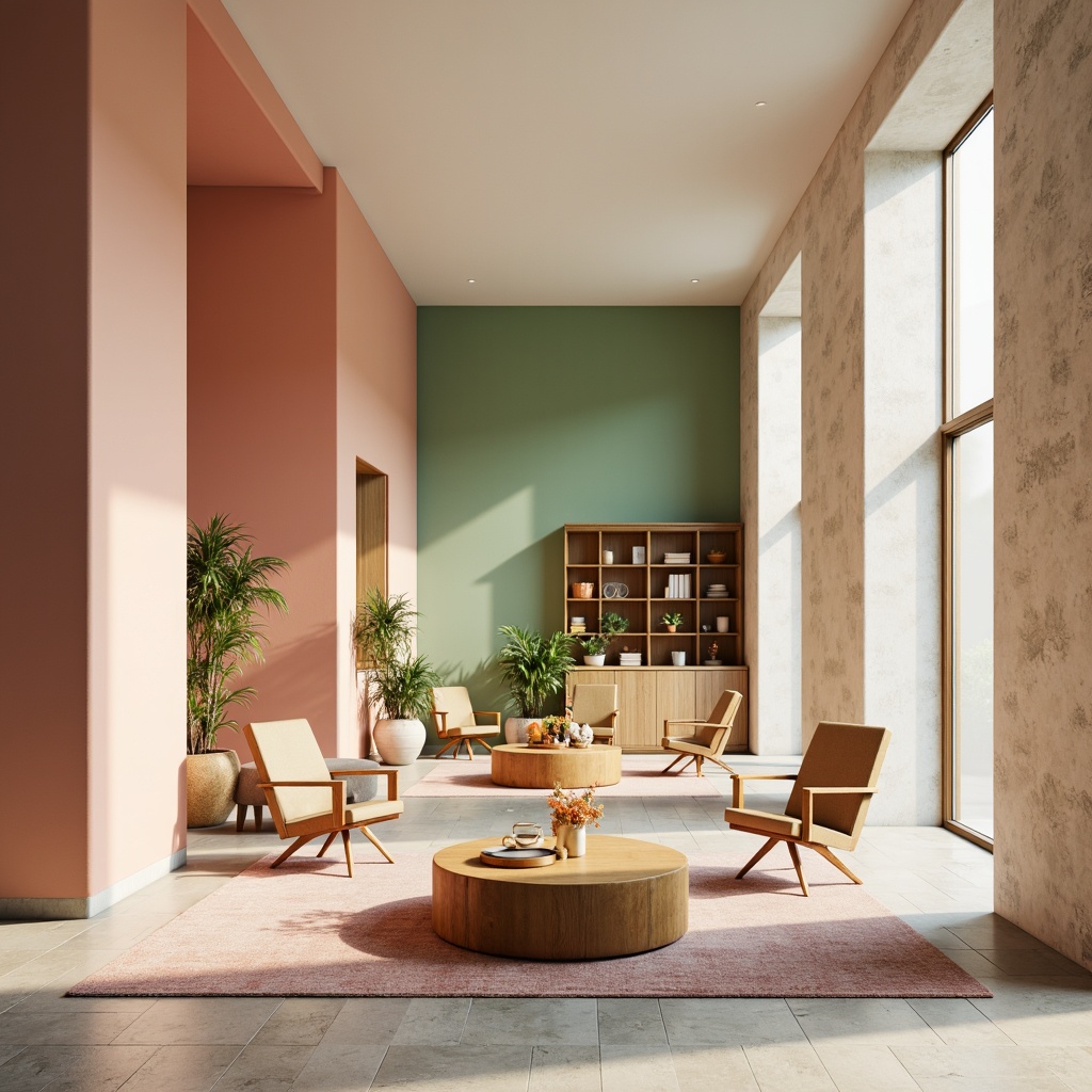 Prompt: Vibrant modern interior, sleek minimalist furniture, bold accent walls, pastel color scheme, soft natural lighting, creamy whites, rich wood tones, metallic gold accents, sophisticated urban atmosphere, 3/4 composition, shallow depth of field, warm and inviting ambiance.