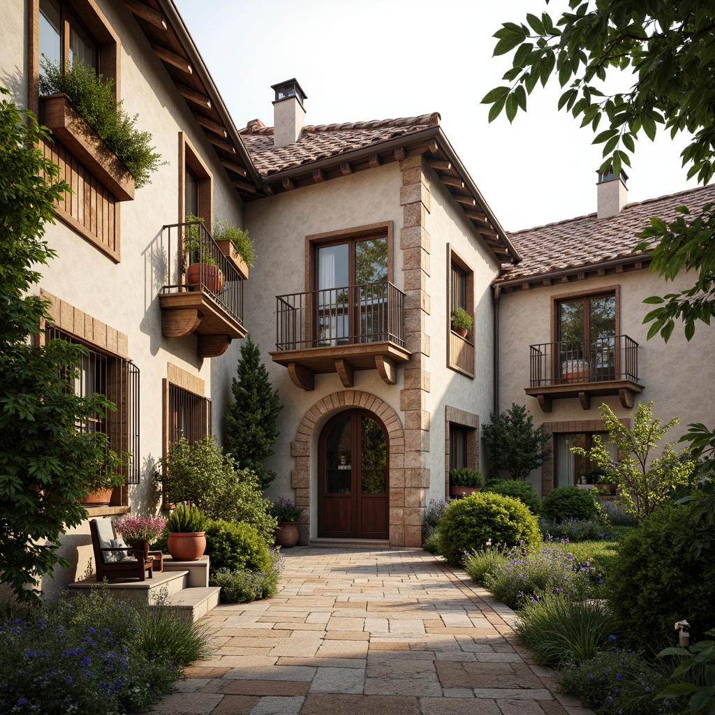 Prompt: Rustic stone walls, curved terracotta roofs, distressed wood accents, soft creamy stucco, ornate ironwork, charming shutters, delicate balconies, lush greenery, overflowing flower boxes, natural stone pathways, meandering vines, warm earthy tones, classic French doors, decorative corbels, elegant archways, refined moldings, subtle weathered finishes, soft diffused lighting, serene rural surroundings, misty morning atmosphere, 1/2 composition, realistic textures, ambient occlusion.