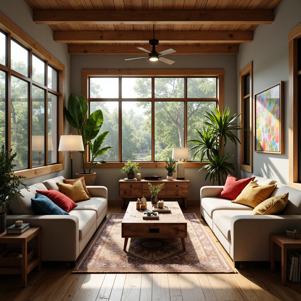 Prompt: Modern living room, cozy atmosphere, soft warm lighting, table lamps, floor lamps, pendant lights, ceiling fixtures, natural wood accents, comfortable sofas, rustic coffee tables, vibrant colorful throw pillows, greenery plants, large windows, sunny day, shallow depth of field, 3/4 composition, realistic textures, ambient occlusion.