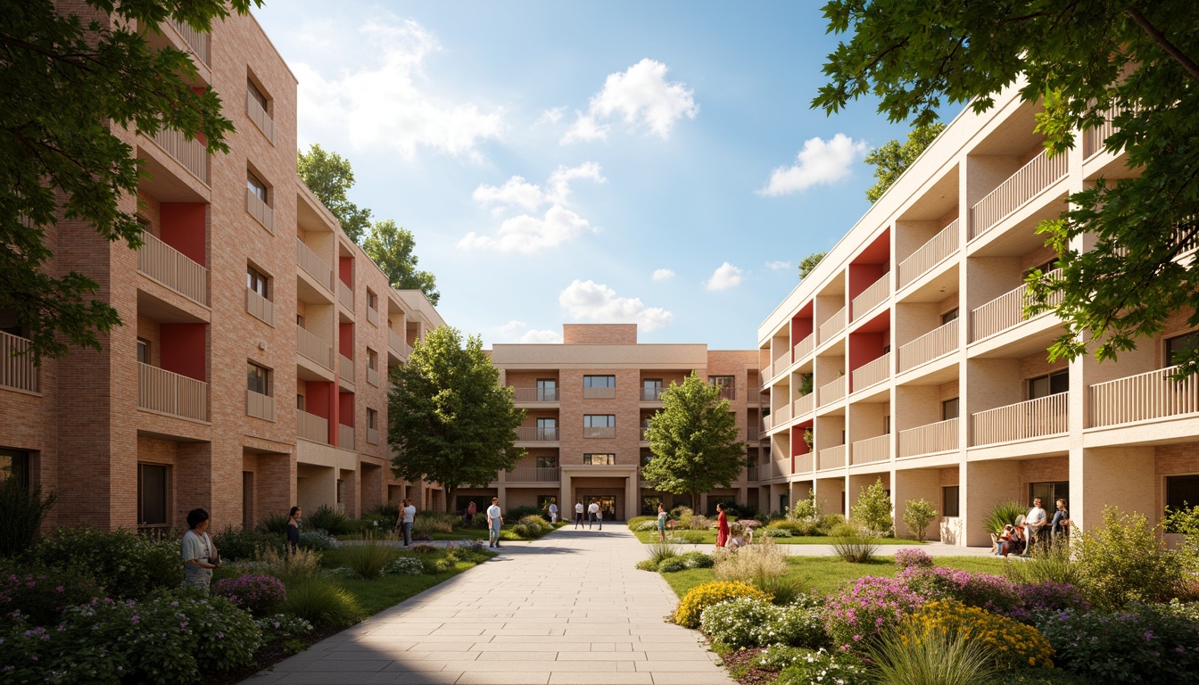 Prompt: Vibrant university campus, modern academic buildings, warm beige stone facades, rich wood accents, bold crimson highlights, creamy white columns, soft greenery, lush trees, blooming flowers, natural light pouring in, subtle texture overlays, realistic renderings, atmospheric misting, cinematic camera angles, 1/1 composition, shallow depth of field, warm afternoon lighting.