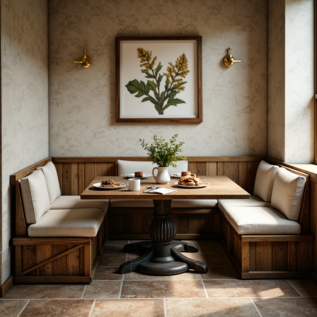 Prompt: Rustic wooden table, distressed finishes, ornate metal legs, soft cushioned chairs, warm beige upholstery, natural stone flooring, earthy color palette, botanical prints, vintage decorative accents, cozy breakfast nook setting, sunny morning light, shallow depth of field, 1/1 composition, realistic textures, ambient occlusion.