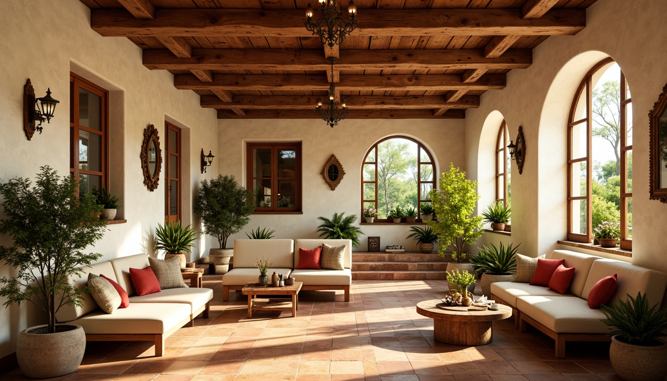 Prompt: Warm Mediterranean interior, soft golden lighting, rustic wooden beams, natural stone walls, vintage wrought iron chandeliers, creamy white plaster, earthy terracotta floors, lush greenery, potted plants, sunny windows, gentle warm ambiance, relaxed cozy atmosphere, subtle shadows, ambient occlusion, 1/1 composition, realistic textures.