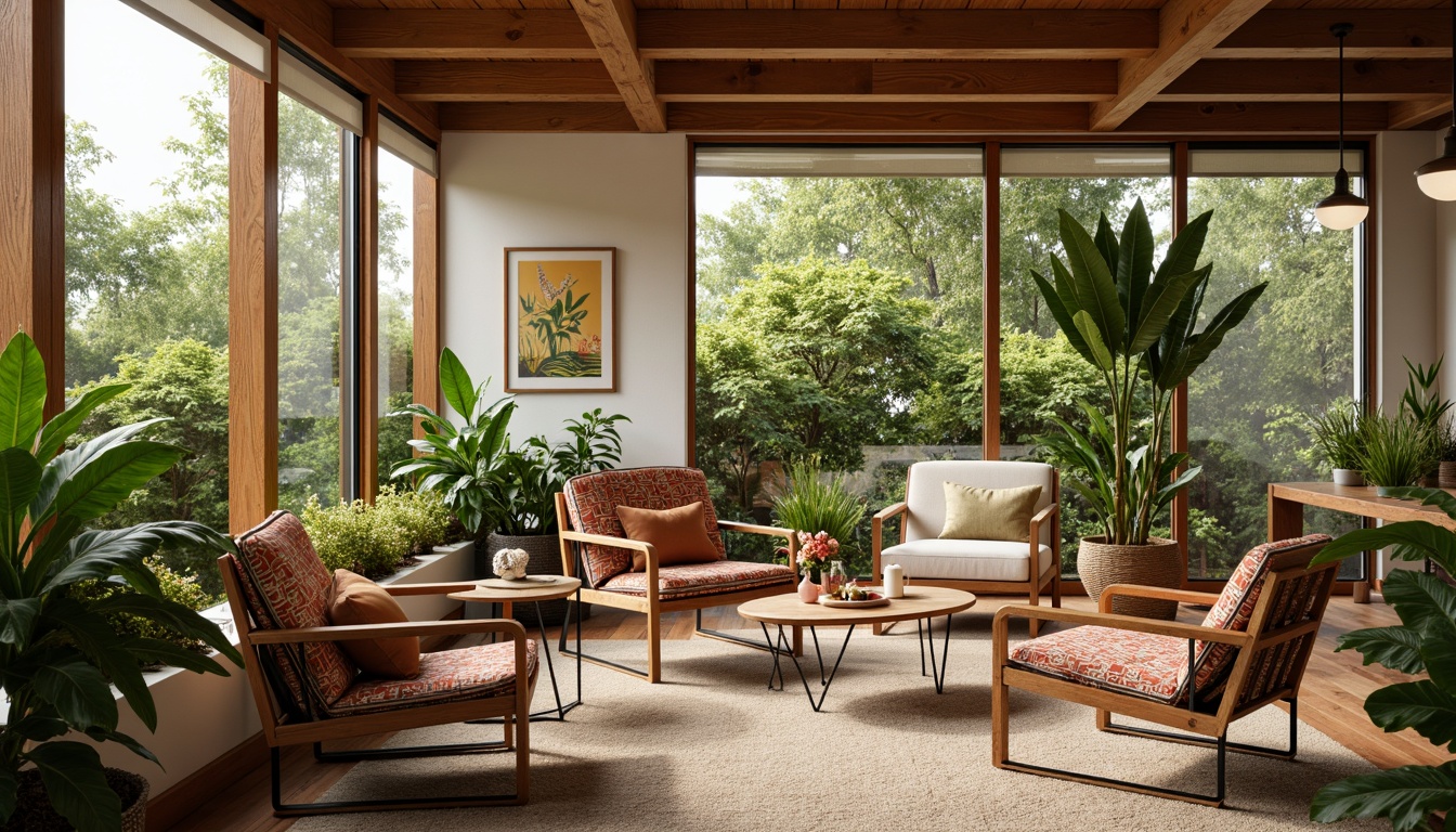 Prompt: Vibrant sunroom, mid-century modern decor, warm natural light, lush greenery, wicker furniture, retro-inspired armchairs, geometric patterned upholstery, wooden side tables, minimalist coffee tables, sleek metal legs, industrial-chic lighting fixtures, nature-inspired artwork, botanical prints, earthy tone color palette, organic textiles, plush area rugs, cozy throw blankets, panoramic windows, sliding glass doors, outdoor-indoor connection, soft warm lighting, shallow depth of field, 3/4 composition.