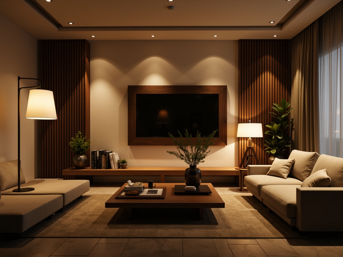 Prompt: Modern living room, soft warm glow, recessed ceiling lights, floor lamps, table lamps, minimalist design, sleek metal fixtures, frosted glass shades, ambient indirect lighting, cozy atmosphere, comfortable seating, natural stone flooring, earthy color palette, 3/4 composition, shallow depth of field, realistic textures.