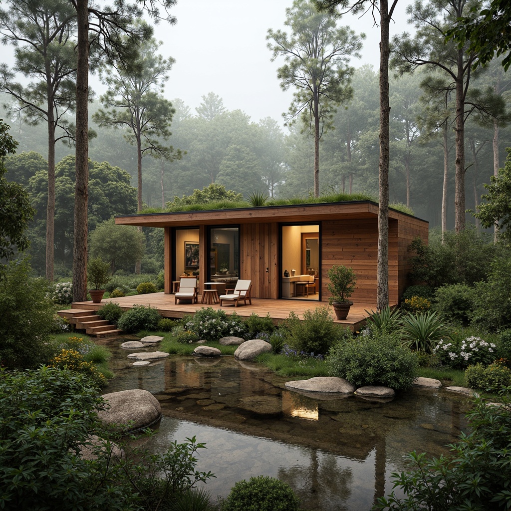 Prompt: Nature-inspired eco-lodge, reclaimed wood accents, living green walls, bamboo flooring, organic textures, natural stone foundations, earthy color palette, sustainable building practices, solar panels, wind turbines, rainwater harvesting systems, grey water reuse, composting toilets, minimal waste generation, energy-efficient appliances, recycling facilities, educational signage, serene forest surroundings, misty morning atmosphere, soft warm lighting, shallow depth of field, 3/4 composition, panoramic view, realistic textures, ambient occlusion.