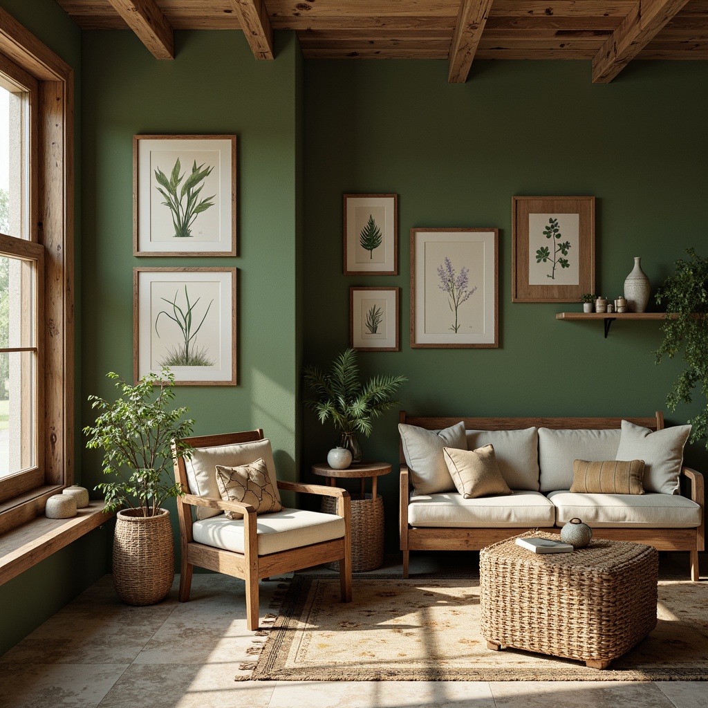 Prompt: Earthy moss green walls, natural stone floors, wooden accents, vintage botanical prints, distressed leather furniture, woven wicker baskets, creamy whites, warm beige tones, soft sage undertones, rustic metal decor, organic shapes, earthy scent, cozy ambiance, intimate lighting, shallow depth of field, 1/2 composition, realistic textures, ambient occlusion.