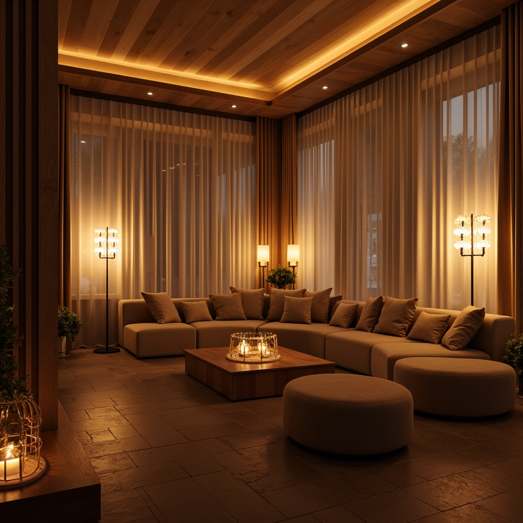 Prompt: Warm cozy atmosphere, soft glowing lighting accents, rich wood tones, comfortable plush furniture, gentle shadows, warm beige walls, floor-to-ceiling windows, sheer curtains, natural stone floors, modern minimalist decor, elegant candelabras, table lamps, floor lamps, warm white light bulbs, dimmable lighting, relaxing ambiance, intimate setting, calm mood, serene environment.