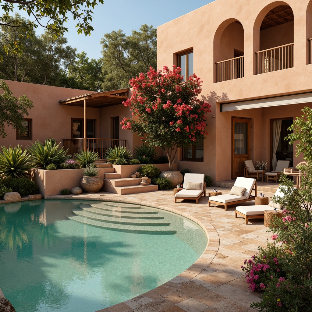 Prompt: Warm Mediterranean villa, soft terracotta walls, rustic stone floors, wooden accents, turquoise pool waters, lush greenery, vibrant bougainvillea flowers, ornate metalwork details, earthy ceramics, warm beige stucco, weathered wood shutters, natural fiber textiles, woven rattan furniture, subtle distressed finishes, soft golden lighting, gentle sea breeze, serene atmosphere, 1/2 composition, shallow depth of field, realistic textures, ambient occlusion.