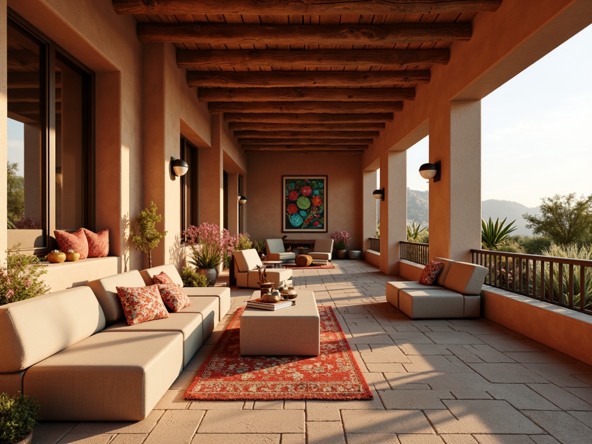 Prompt: Earthy tones, terracotta reds, sandy beiges, turquoise blues, desert flora patterns, rustic wooden accents, woven textiles, vibrant Native American-inspired motifs, warm golden lighting, cozy reading nooks, natural stone walls, adobe-style architecture, arid landscape views, cacti and succulents, soft warm color schemes, earthy scent, 1/2 composition, intimate atmosphere, realistic textures, ambient occlusion.