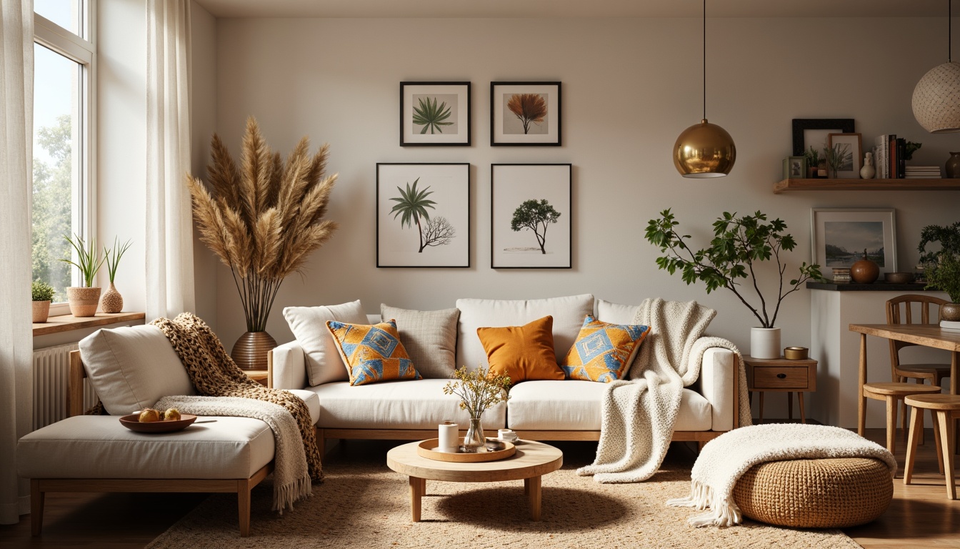 Prompt: Cozy Scandinavian living room, plush throw blankets, natural woven fibers, earthy tone color palette, minimalist wooden furniture, soft warm lighting, Nordic-inspired patterns, vibrant colorful textiles, geometric motifs, nature-inspired accents, organic shapes, sustainable materials, eco-friendly production, neutral background, shallow depth of field, 3/4 composition, realistic textures, ambient occlusion.