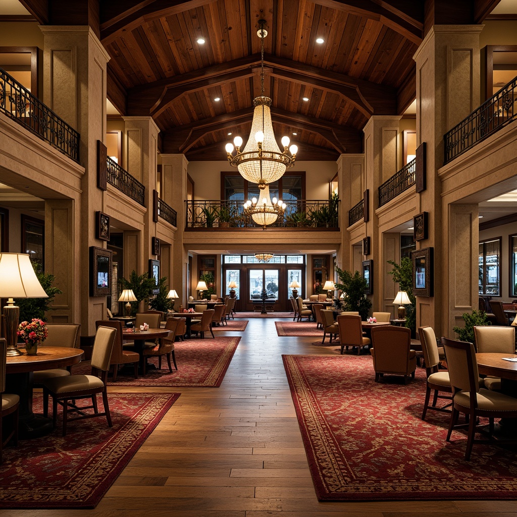 Prompt: Elegant casino interior, rustic French country charm, distressed wood floors, dark walnut tones, rich velvet rugs, ornate metal accents, lavish chandeliers, grand staircases, opulent furnishings, intricate stone carvings, warm earthy colors, soft warm lighting, shallow depth of field, 3/4 composition, panoramic view, realistic textures, ambient occlusion.