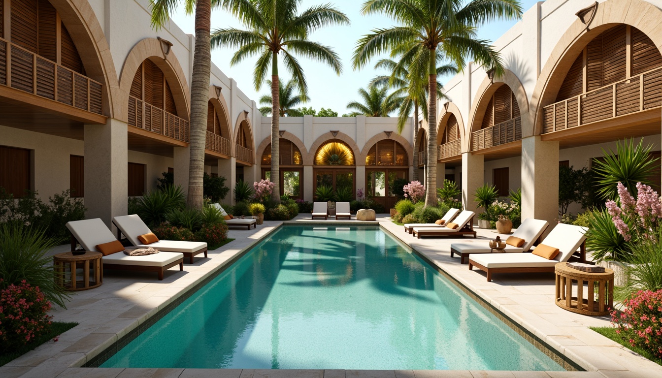 Prompt: Luxurious Art Deco poolside, ornate metalwork, lavish upholstery, curved lines, geometric patterns, sunburst motifs, velvet pillows, chrome accents, marble tables, sleek loungers, vibrant turquoise water, tropical plants, palm trees, exotic flowers, warm sunny day, soft golden lighting, shallow depth of field, 1/2 composition, symmetrical arrangement, ornate decorations, luxurious fabrics.