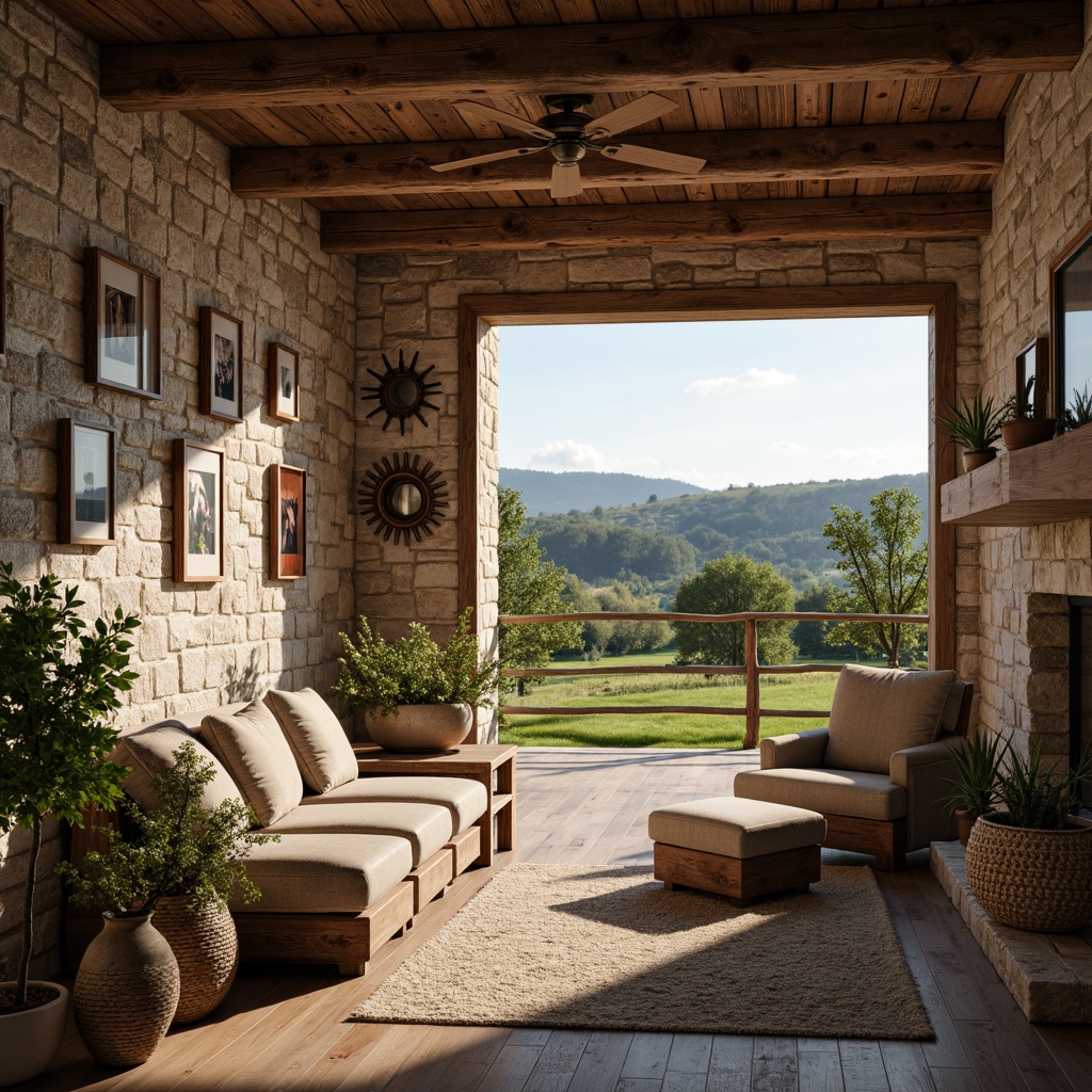 Prompt: Rustic farmhouse, wooden accents, distressed finishes, earthy tones, natural materials, exposed beams, stone walls, vintage decorations, countryside landscape, rolling hills, green pastures, sunny afternoon, warm soft lighting, shallow depth of field, 1/1 composition, realistic textures, ambient occlusion.