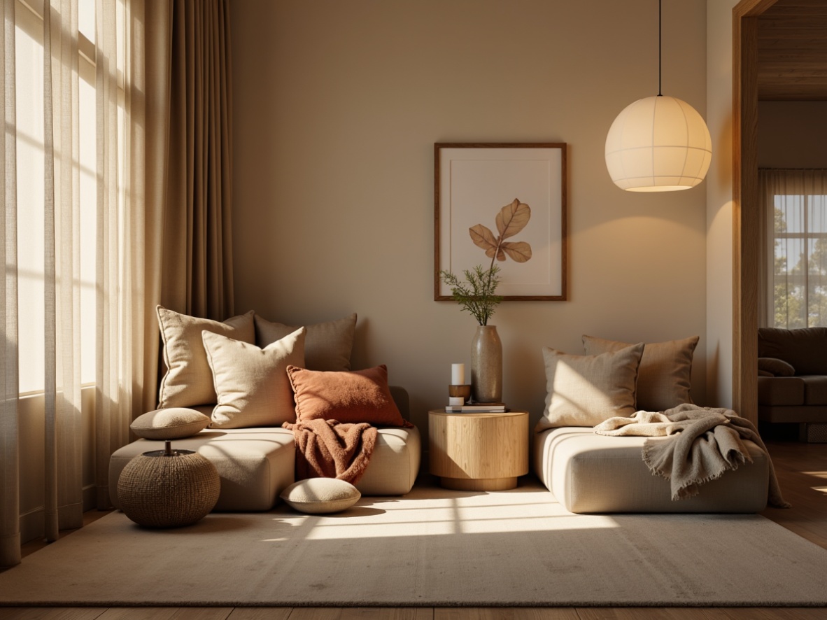 Prompt: Cozy reading nook, plush velvet pillows, soft linen fabrics, warm beige tones, natural wood accents, minimalist decor, modern floor lamps, comfortable seating areas, tranquil atmosphere, softbox lighting, shallow depth of field, 1/1 composition, realistic textures, ambient occlusion.