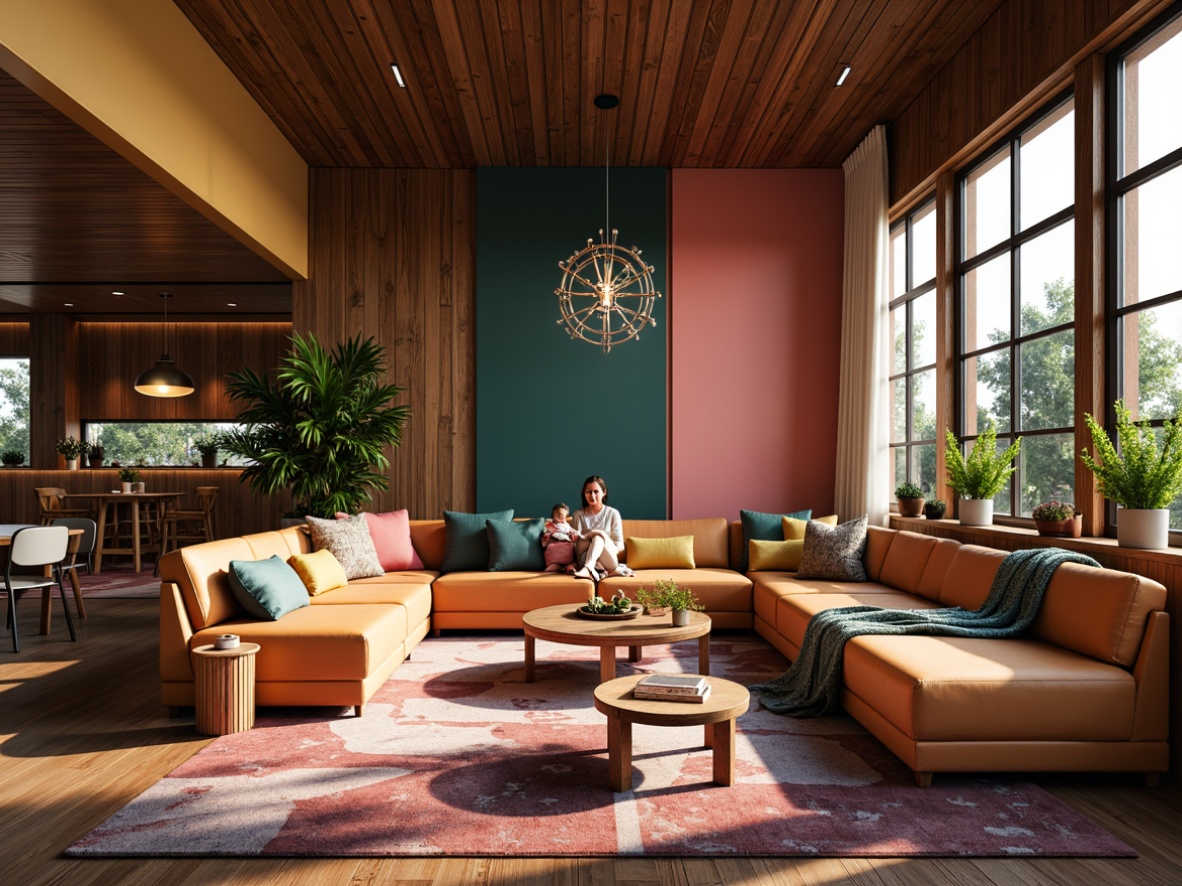 Prompt: Vibrant modern interior, trendy furniture pieces, bold accent walls, rich wood textures, metallic accents, luxurious fabrics, natural light pouring in, soft warm ambiance, 3/4 composition, shallow depth of field, realistic rendering, ambient occlusion.