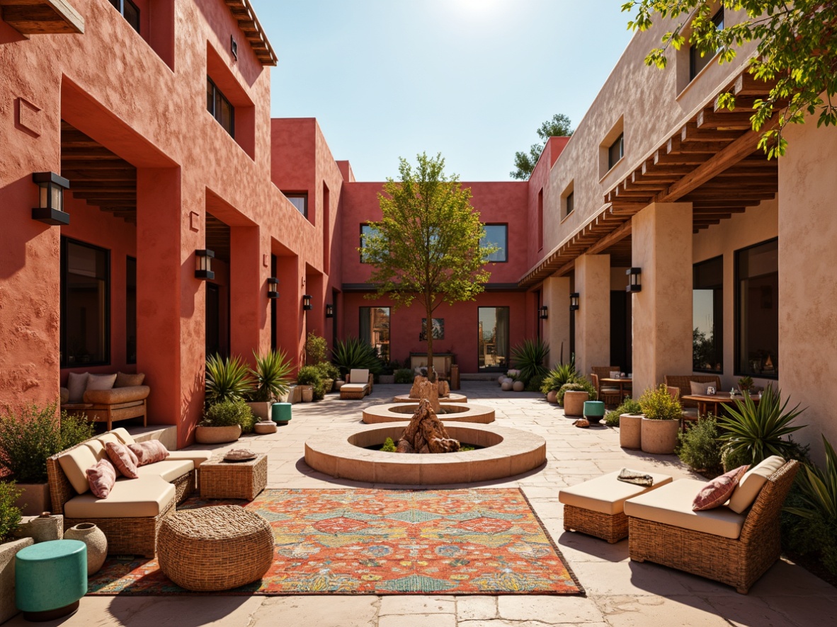 Prompt: Vibrant adobe buildings, earthy red tones, sandy beige stucco, turquoise accents, warm golden lighting, rustic wooden beams, natural stone flooring, woven textiles, patterned rugs, Native American-inspired geometrics, bold colorful ceramics, desert botanicals, cacti plants, sunny courtyards, outdoor fire pits, warm hospitality ambiance, cozy seating areas, soft warm glow, shallow depth of field, 3/4 composition, panoramic view, realistic textures, ambient occlusion.