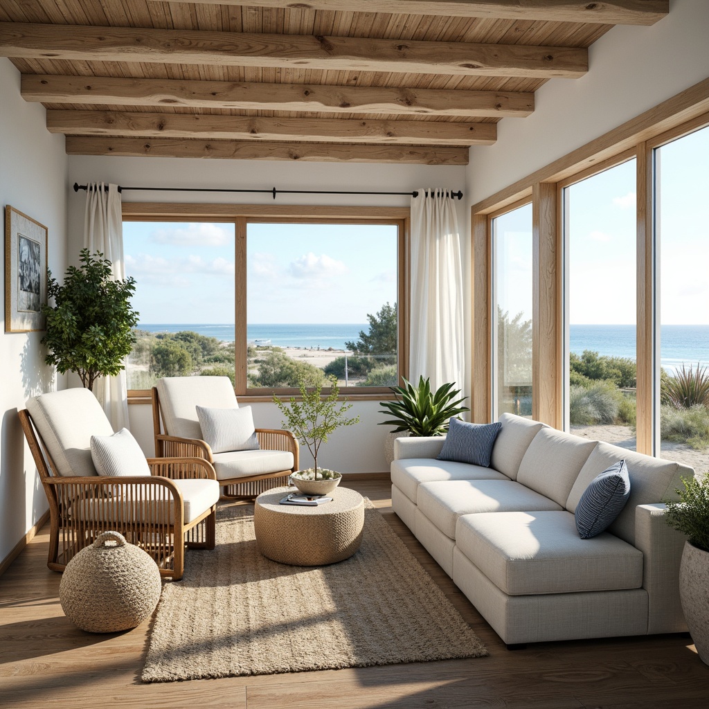 Prompt: Calming coastal cottage, soft sandy dunes, weathered driftwood accents, sea salt-bleached fabrics, ocean-inspired color palette, soothing blues and whites, warm beige tones, natural textures, woven rattan furniture, distressed wood finishes, nautical rope details, coral-patterned ceramics, sea glass-inspired decorative accents, sunlight streaming through large windows, airy atmosphere, shallow depth of field, 1/1 composition, soft focus, realistic rendering.