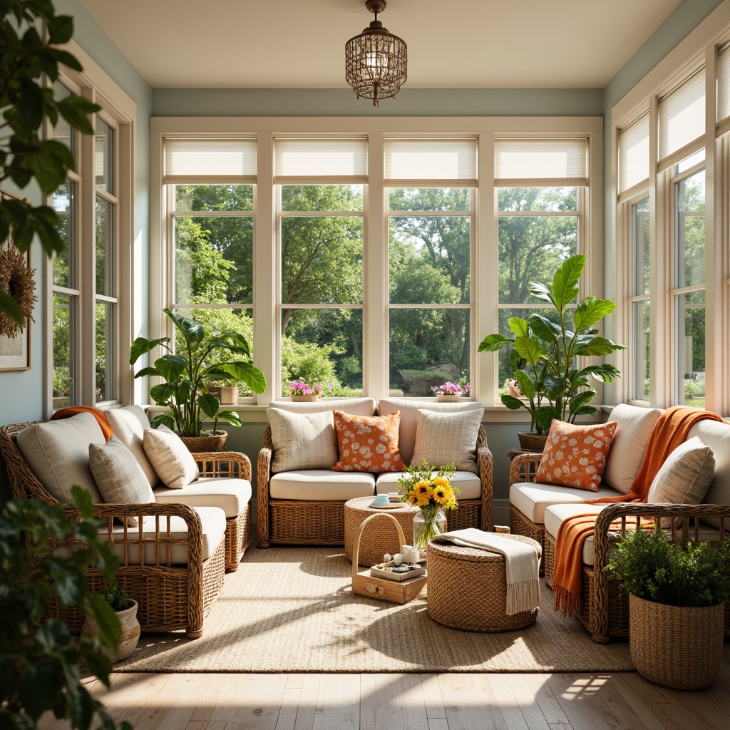 Prompt: Vibrant sunroom, warm natural light, comfortable wicker furniture, lush greenery, blooming flowers, soft pastel colors, creamy whites, gentle beige tones, calming blues, earthy terracotta accents, natural wood textures, woven rattan baskets, cozy throw blankets, refreshing citrus hues, sunny afternoon atmosphere, shallow depth of field, 1/1 composition, soft focus effect, warm color grading.