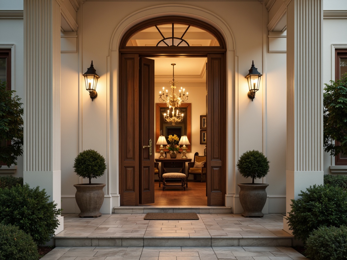 Prompt: Elegant entrance hall, wooden front door, ornate door handles, classic lamp posts, symmetrical facade, neutral color palette, cream-colored walls, polished hardwood floors, traditional furniture pieces, potted plants, grand chandelier, warm ambient lighting, shallow depth of field, 1/1 composition, realistic textures, subtle shadows.