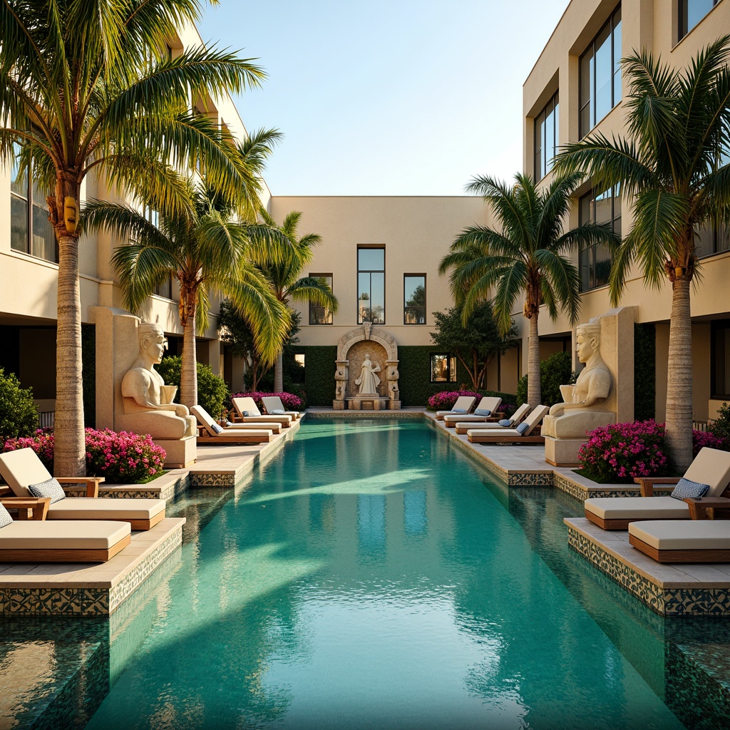 Prompt: Art Deco poolside, lavish turquoise waters, ornate fountain features, elegant stone statues, lush green palm trees, vibrant floral arrangements, metallic accents, geometric patterns, luxurious lounge chairs, colorful tile mosaics, warm golden lighting, dramatic shadows, 1/2 composition, symmetrical framing, realistic water reflections, ambient occlusion.