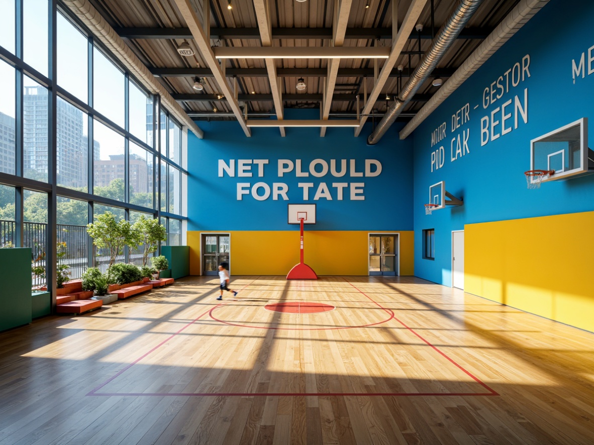 Prompt: Vibrant gymnasium interior, bright blue walls, warm wood flooring, bold yellow accents, motivational quotes, dynamic sports equipment, basketball hoops, tennis courts, athletic tracks, modern LED lighting, natural ventilation systems, high ceilings, expansive windows, urban cityscape views, morning sunlight, soft shadows, shallow depth of field, 1/2 composition, realistic textures, ambient occlusion.