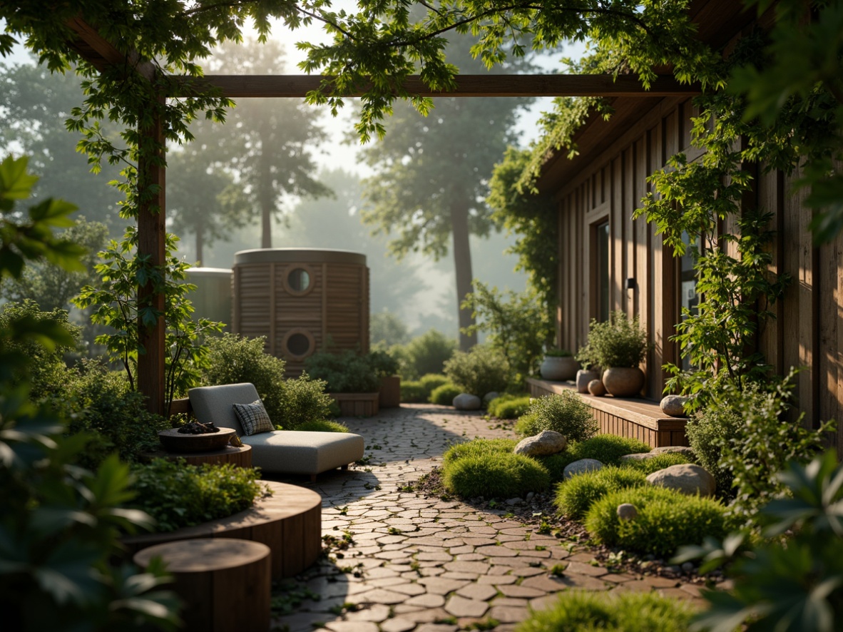 Prompt: Moss green accents, earthy tones, natural textures, organic shapes, whimsical patterns, forest-inspired atmosphere, rustic wood elements, vintage metal fixtures, soft warm lighting, shallow depth of field, 1/1 composition, realistic renderings, ambient occlusion, serene ambiance, cozy nooks, lush foliage, misty morning, gentle sunbeams.