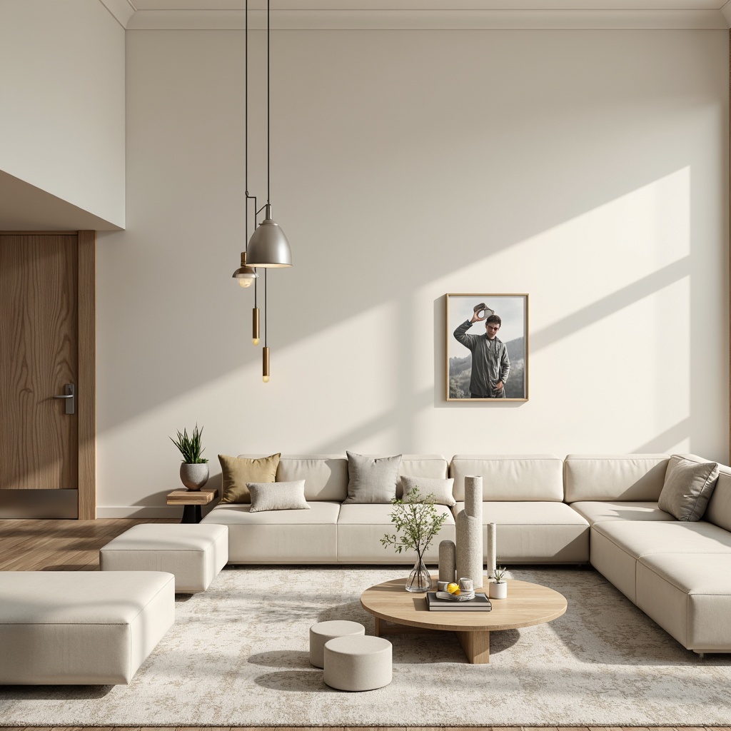 Prompt: Monochromatic interior space, soft creamy whites, warm beige tones, subtle gray nuances, natural wood accents, sleek minimalist furniture, low-profile sofas, geometric coffee tables, industrial metal lighting fixtures, delicate textile patterns, ambient softbox lighting, shallow depth of field, 2/3 composition, realistic renderings, subtle noise textures.